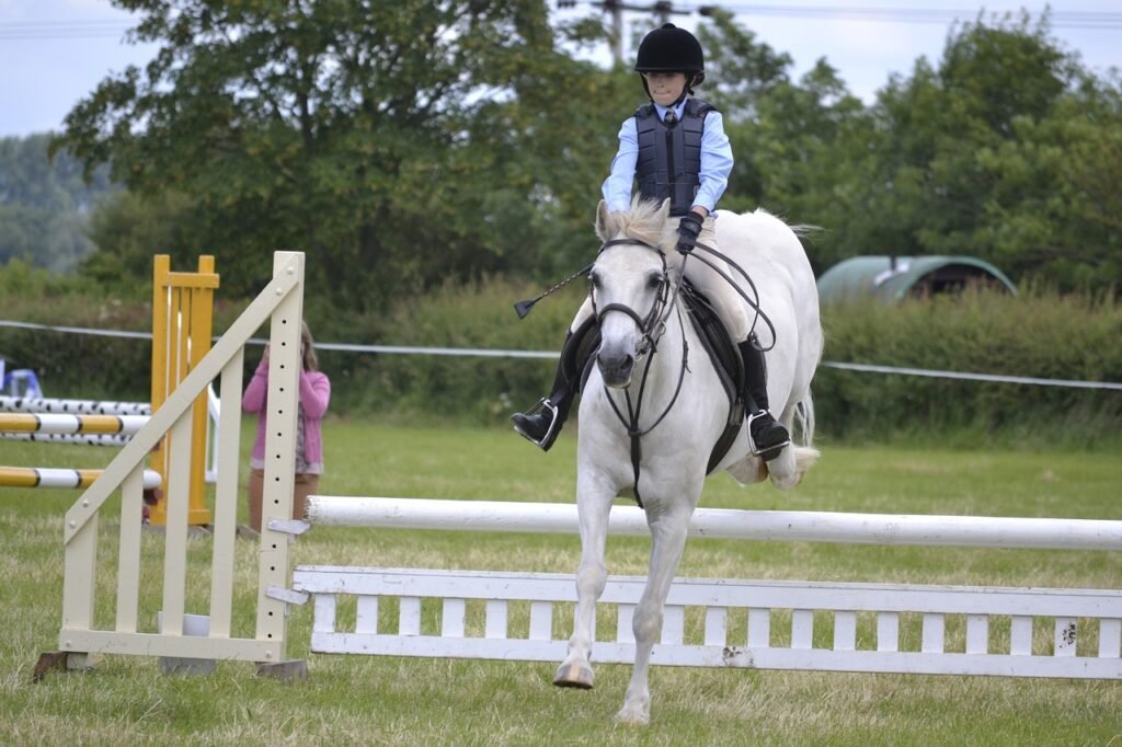 Child jumping a horse at a competition.